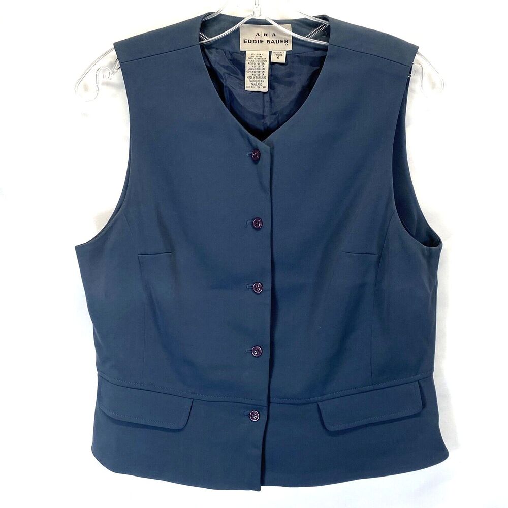 AKA Eddie Bauer Womens Suit Vest Size 6 Blue Lined Business Chic Party